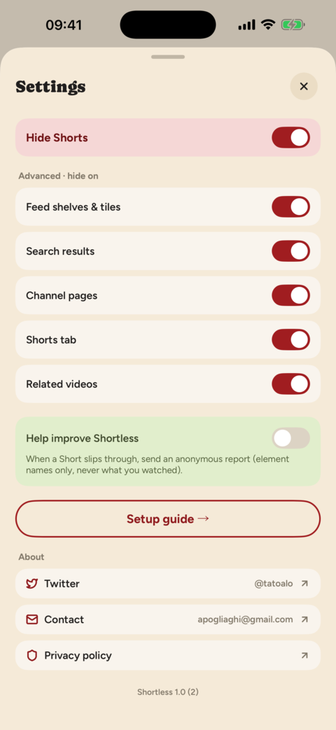 Settings sheet with per-surface toggles